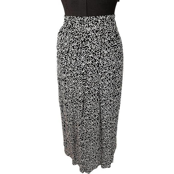Vintage Talbots Bow Ribbon Print Rayon Midi Skirt Black White M - Picture 3 of 8